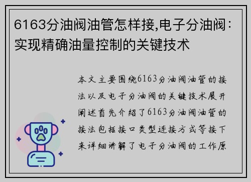 6163分油阀油管怎样接,电子分油阀:实现精确油量控制的关键技术